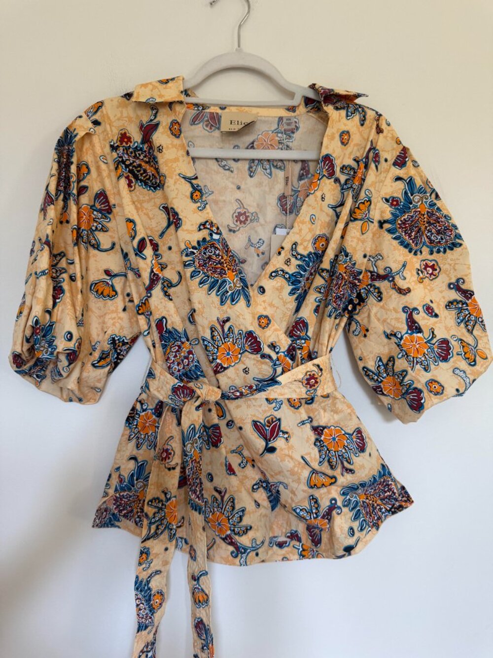 Elie Tahari Floral Puff Sleeve Wrap Blouse Boho Chic Coastal Yellow - NWT - M